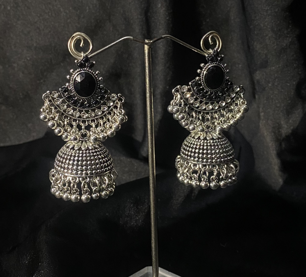 Oxidized Silver Jhumka Earrings With Black Stones.