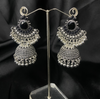 Oxidized Silver Jhumka Earrings With Black Stones.