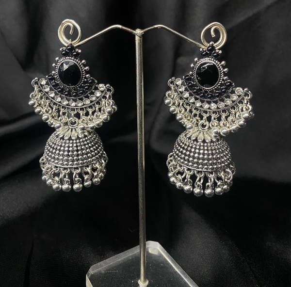 Oxidized Silver Jhumka Earrings With Black Stones.