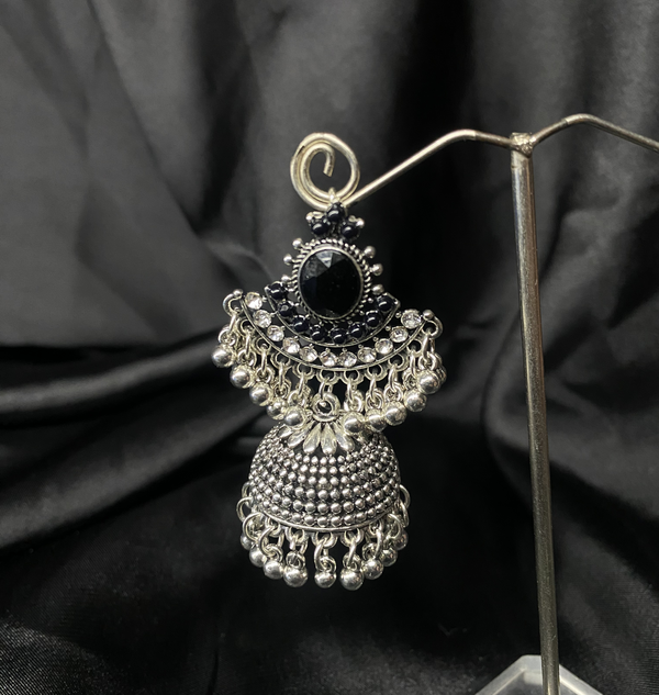 Oxidized Silver Jhumka Earrings With Black Stones.