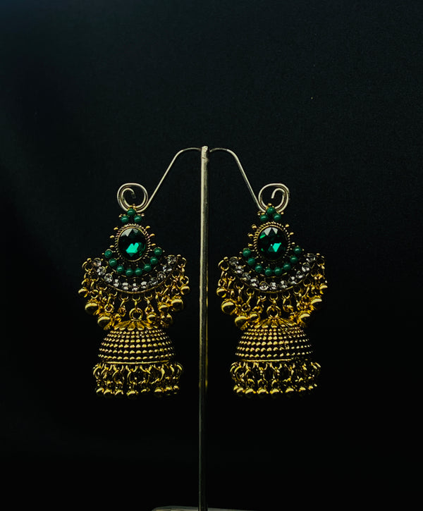 Oxidized Golden Jhumka Earrings With Green Stones