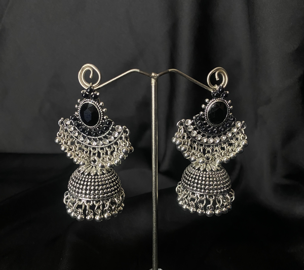 Oxidized Silver Jhumka Earrings With Black Stones.