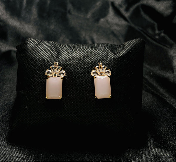 Blush Pink Crown Drop Earrings in Gold Tone