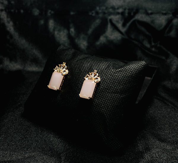 Blush Pink Crown Drop Earrings in Gold Tone