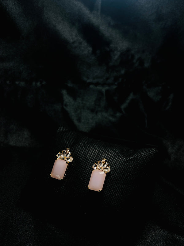 Blush Pink Crown Drop Earrings in Gold Tone