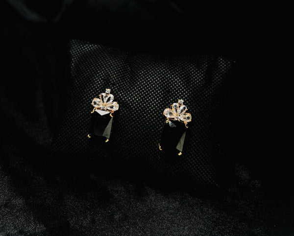 Black Crown Crystal Drop Earrings in Gold Tone