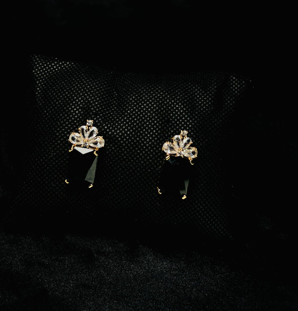 Black Crown Crystal Drop Earrings in Gold Tone
