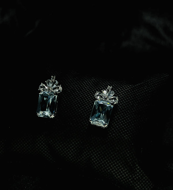 Blue Crystal Crown Drop Earrings in Silver Tone