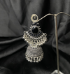 Oxidized Silver Jhumka Earrings With Black Stones.