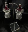 Oxidized Silver Jhumka Earrings With Red Stones.