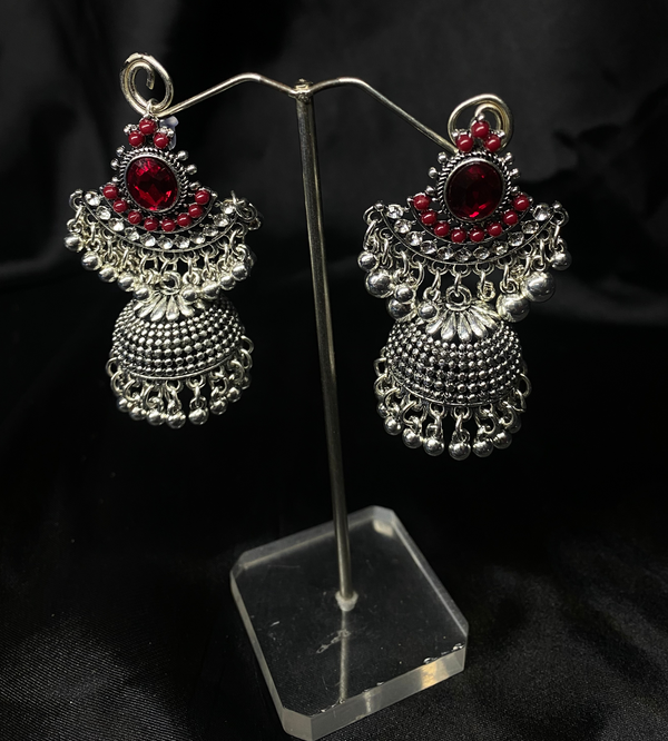 Oxidized Silver Jhumka Earrings With Red Stones.