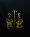 Oxidized Golden Jhumka Earrings With Green Stones
