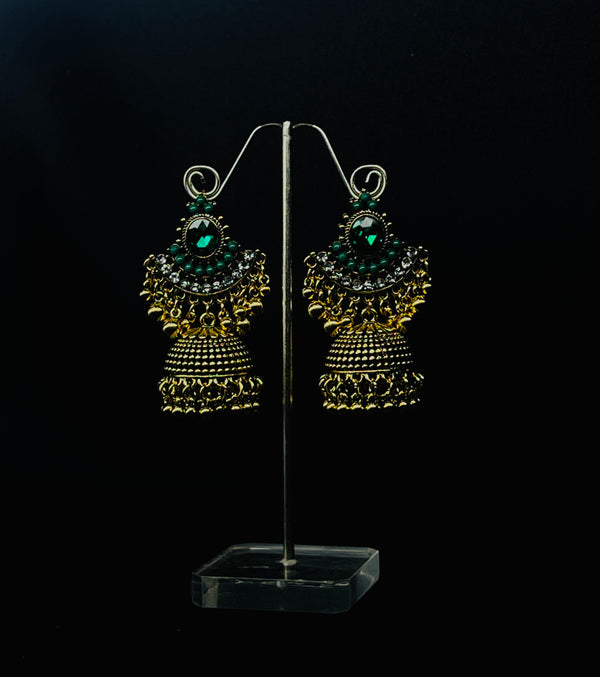 Oxidized Golden Jhumka Earrings With Green Stones