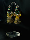 Oxidized Golden Jhumka Earrings With Green Stones