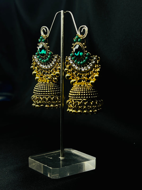 Oxidized Golden Jhumka Earrings With Green Stones