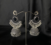 Oxidized Silver Jhumka Earrings With Black Stones.