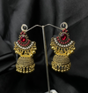 Oxidized Golden Jhumka Earrings With Re Stones.