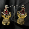 Oxidized Golden Jhumka Earrings With Re Stones.