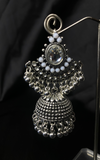 Oxidized Silver Jhumka Earrings With White Stones.