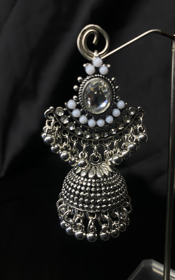 Oxidized Silver Jhumka Earrings With White Stones.