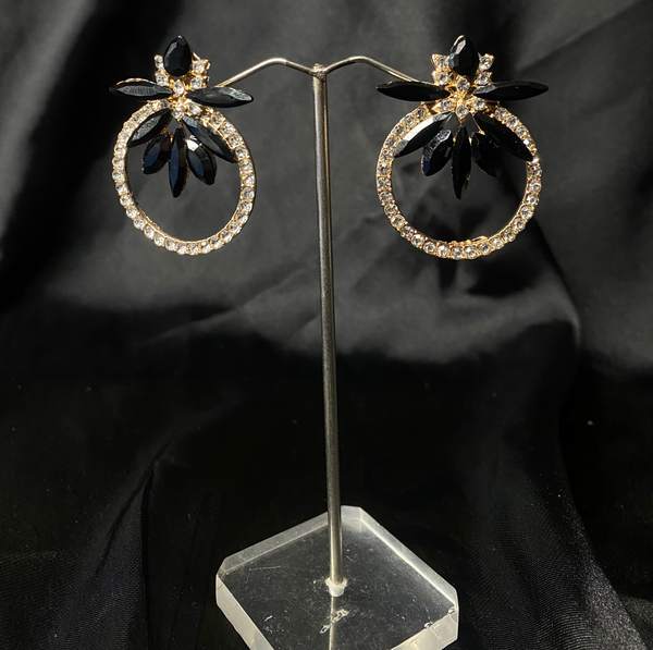 Gold-Toned Hoop Earrings With Black Crystals
