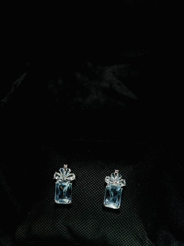 Blue Crystal Crown Drop Earrings in Silver Tone