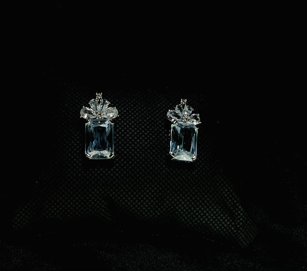 Blue Crystal Crown Drop Earrings in Silver Tone