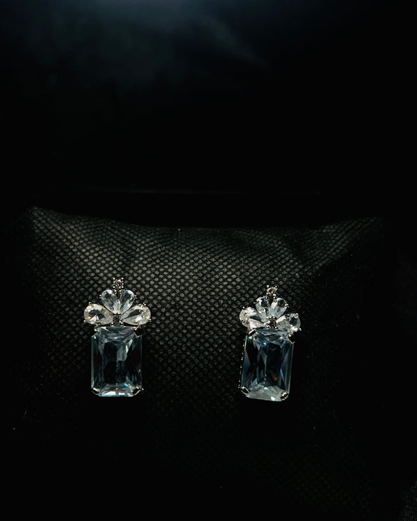 Blue Crystal Crown Drop Earrings in Silver Tone